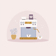 Vector illustration of a coffee machine with cups, flower pot.