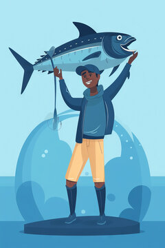 Happy angler holding big tuna fish , World Tuna Day. Generative AI