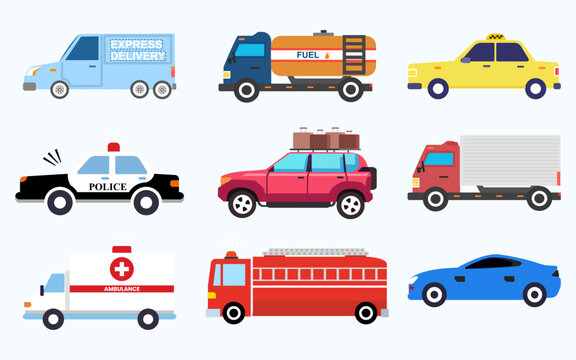 Set of different type of transport set of emergency vehicle services. vector illustration.