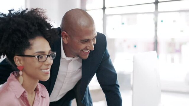 Happy, business people and computer for web design training, help and advice by mentor in office. Logo, reveal and man with woman online for results, idea or creative proposal review or collaboration