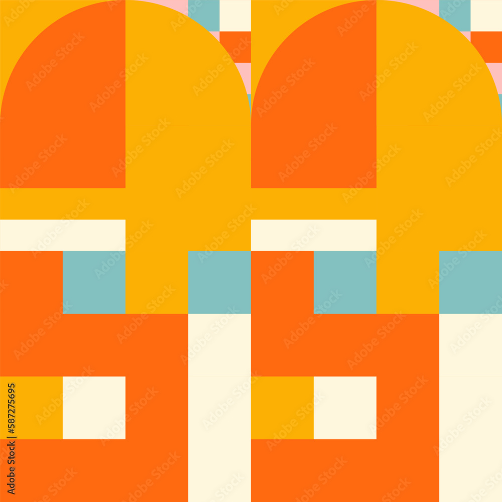 Poster Simple geometric seamless pattern. Modern abstract background with circle, semi circle, square, rectangle stripe shapes in pastel colors.