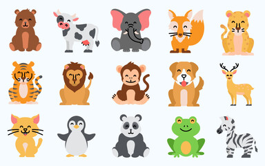 Collection of animals with big heads. cute baby animal. types of wild animals. flat vector illustration.