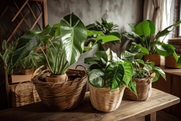 Metropolis. Philodendron and Chinese Evergreen tropical houseplants in basket flower pots on wooden tables. Generative AI
