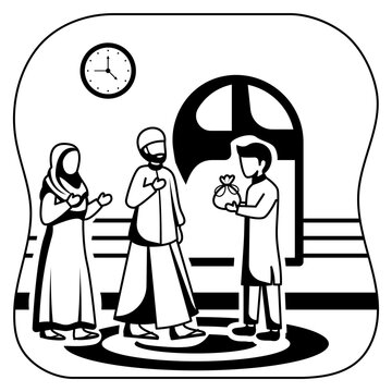 Giving Help Vector Icon Design, Ramazan And Eid Al-Fitr Symbol, Islamic And Muslims Fasting Sign, Arabic Holidays Celebration Stock Illustration, Ration Hamper Gift To Needy Family Concept