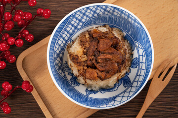 Migao, tube rice cake, rice pudding in a bowl, delicious Taiwanese street food.