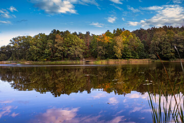 Natural landscape of the lake, high definition, the movement of waves against the background of the autumn forest. The reflection of clouds on the ripples of water. Germany.