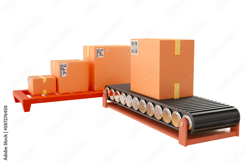 Poster conveyor with box. warehouse technologies. large package is moving along conveyor. warehouse automat
