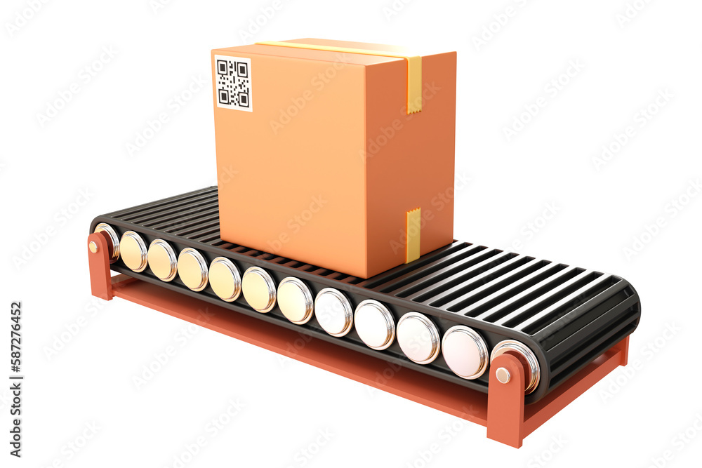 Poster conveyor with box. warehouse technologies. large package is moving along conveyor. warehouse automat