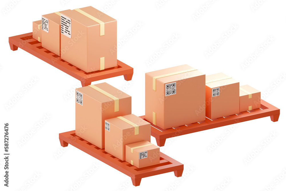 Poster carton boxes. parcels on pallets. cardboard boxes with paper stickers. qr code for buyer on parcel. 