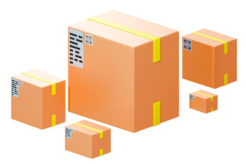 Boxes various sizes. Several boxes with informational stickers. Postal parcels. Several parcels with adhesive tape. Cardboxes destined for delivery. Cartoon style. Boxes isolated on white. 3d image.