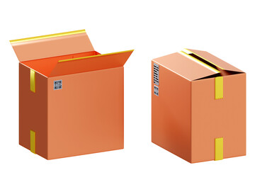 Boxes various sizes. Several boxes with informational stickers. Postal parcels. Several parcels with adhesive tape. Cardboxes destined for delivery. Cartoon style. Boxes isolated on white. 3d image.