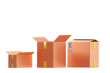 Boxes various sizes. Several boxes with informational stickers. Postal parcels. Several parcels with adhesive tape. Cardboxes destined for delivery. Cartoon style. Boxes isolated on white. 3d image.