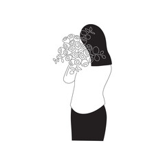 Black line drawing a woman with flowers. Minimalist lines art. Woman illustration. Black and white lady