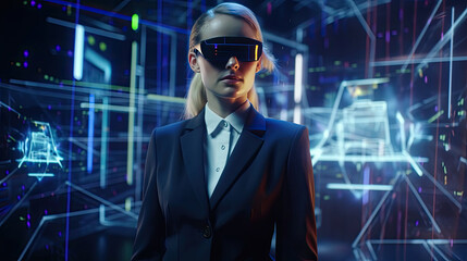 Fototapeta premium Businesswoman wearing virtual reality goggles. Generative AI