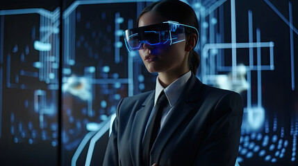 Fototapeta premium Businesswoman wearing virtual reality goggles. Generative AI