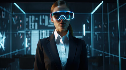 Businesswoman wearing virtual reality goggles. Generative AI