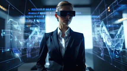 Fototapeta premium Businesswoman wearing virtual reality goggles. Generative AI