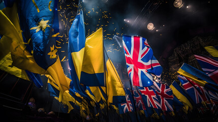 Flags of Union Jack and Ukraine Wave at Eurovision. Generative AI.