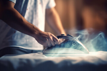 Close-up of a man ironing clothes, breaking gender stereotypes and promoting equality in household chores. Generative AI