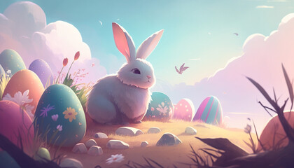 A whimsical illustration of a cute bunny sitting in a field of colorful flowers surrounded by painted Easter eggs