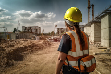 Female construction worker in safety gear with helmet seen from behind, promoting gender equality in the workplace. Generative AI