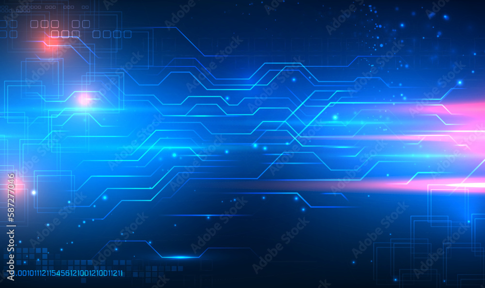 Poster interface circuit microchip on technology background. glowing blue purple neon circuit board chip ab