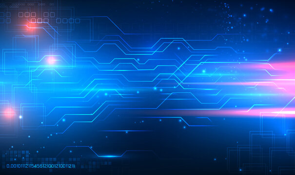 Interface Circuit Microchip on Technology Background. Glowing blue purple neon circuit board chip abstract banner design. Hi-tech Digital and security, data connection, digital business. Vector EPS10