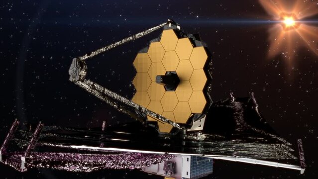 James Webb space telescope orbiting the sun in deep space. 3D animation