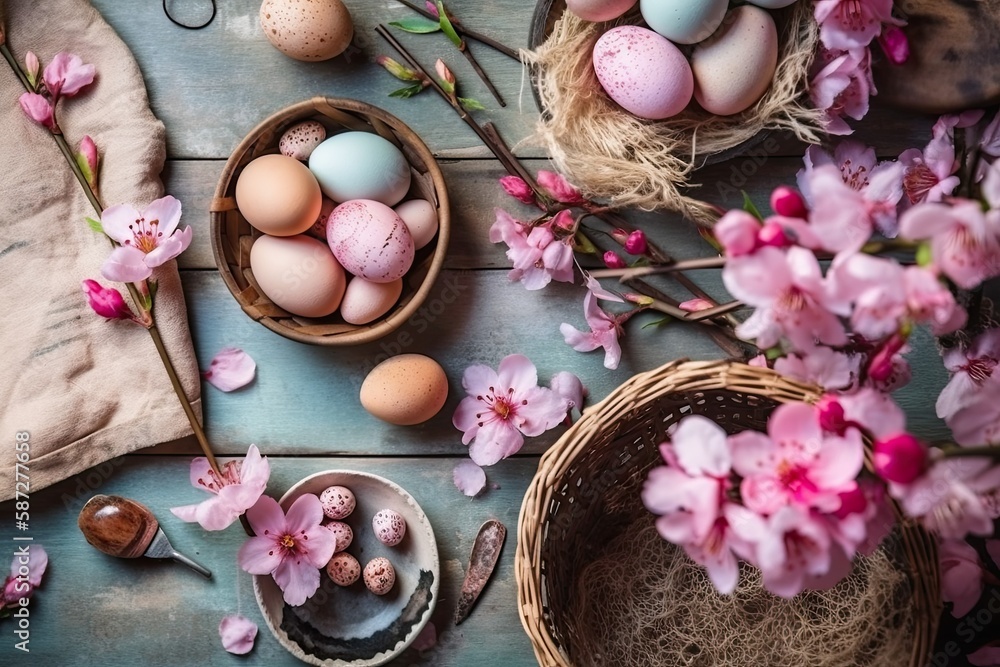 Poster rustic table with baskets filled with fresh eggs. generative ai