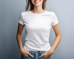 Woman in white T-shirt on light blue background Mockup, White blank t-shirt mockup template gray blue wall background, generative ai