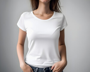 Woman in white T-shirt on gray background Mockup, White blank t-shirt mockup template gray wall  background, generative ai