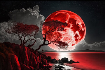 fantasy red romantic full moon on a mountain with a lonely tree. Ai