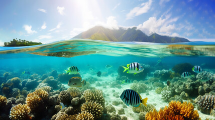Fototapeta na wymiar Coral reef in the blue sea with tropical fish, Generative AI
