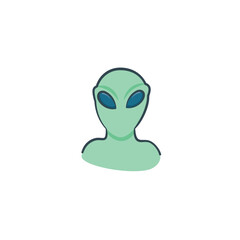 Green alien with big eyes. Alien creature with huge head and eye sockets for futuristic design with humanoid paranormal vector appearance
