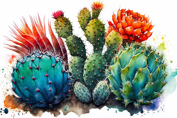 Watercolor composition with tropical cactus with flowers on white background. Floral illustration. Generative AI. - obrazy, fototapety, plakaty
