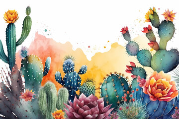 Obraz na płótnie Canvas Watercolor composition with tropical cactus with flowers on white background. Floral illustration. Generative AI.