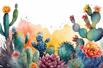 Foto op Canvas Watercolor composition with tropical cactus with flowers on white background. Floral illustration. Generative AI. © Iryna