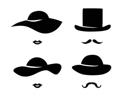 Male and female hats with lips and mustaches template. Retro black gentleman and lady character with vintage style for masquerade and designer vector avatar