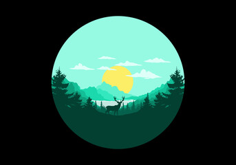 Naklejka premium Landscape art illustration of lake and pine forests