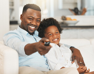 Black family, sofa and father with boy with tv remote for channel, streaming movies and watching...