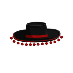 Spanish traditional hat template. Black sombrero with red beads for sun protection with colorful designs and fiestas with holiday vector party