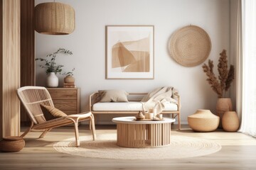 Fototapeta na wymiar Scandinavian home interior. Boho wooden furniture in living room. illustration. Generative AI