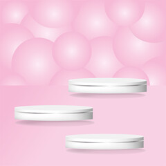 3d background products display podium with platform. White and pink geometric platform with circle overlap backdrop, cosmetic product on podium 3d. EPS10 vector.