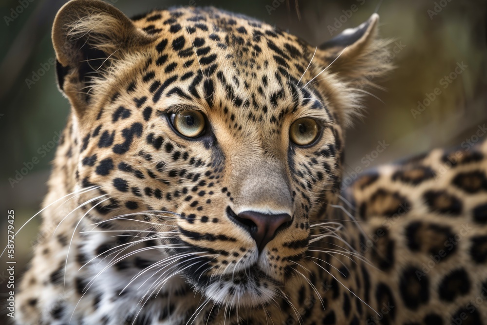 Aufkleber leopard up close. selectively focused background with text copy. generative ai