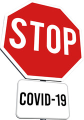 Stop and covid-19 road signs over black background, corona virus and pandemic concepts