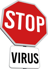 Stop and virus road signs over black background, covid-19 and pandemic concepts