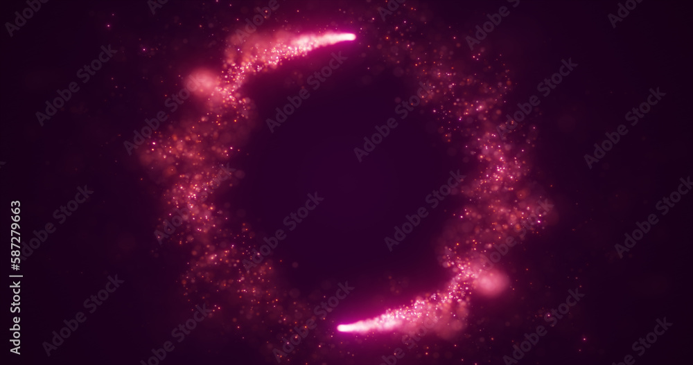 Poster abstract purple energy lines and cyclic circles with magic bokeh from particles, abstract background