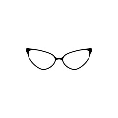 Elongated glasses with black frames. Sunglasses accessory to protect eyes from sun with stylish lenses and plastic vector frames.