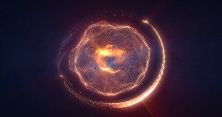 Abstract orange energy sphere from particles and waves of magical glowing on a dark background