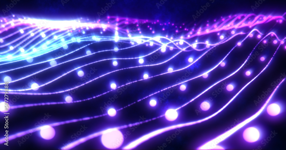 Poster abstract blue shiny glowing lines rays of energy and magical waves from particles and dots, abstract
